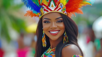 Fototapeta premium A vibrant woman in a colorful carnival costume, smiling joyfully.