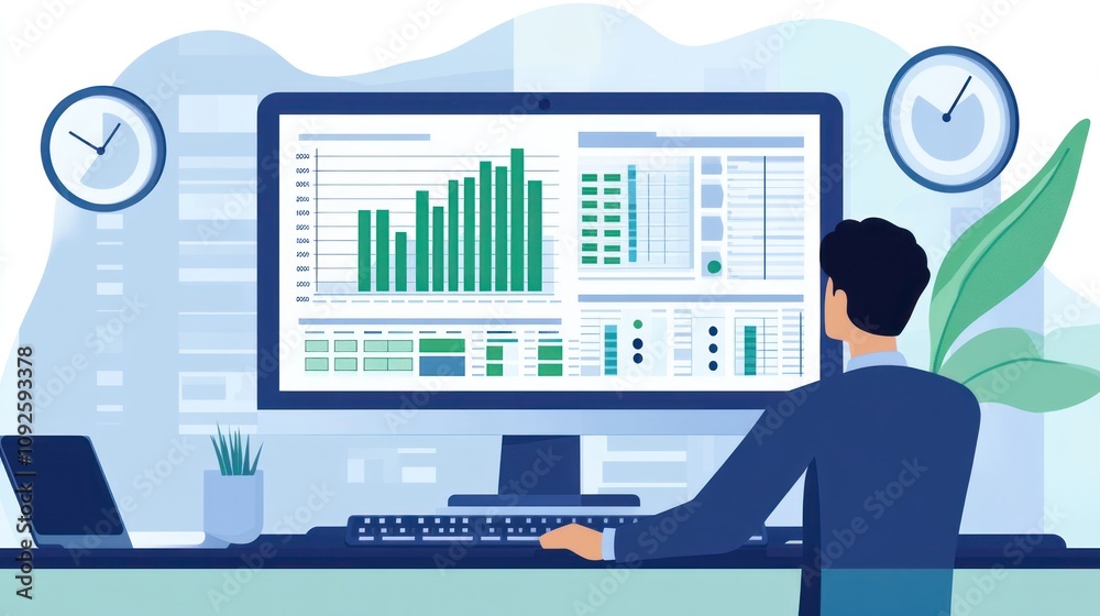 Poster A person analyzing data on a computer with graphs and charts in a modern office setting.