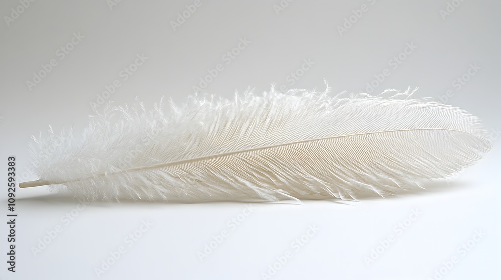 Poster closeup of a soft,delicate white feather gently floating on a plain,neutral background with a minima