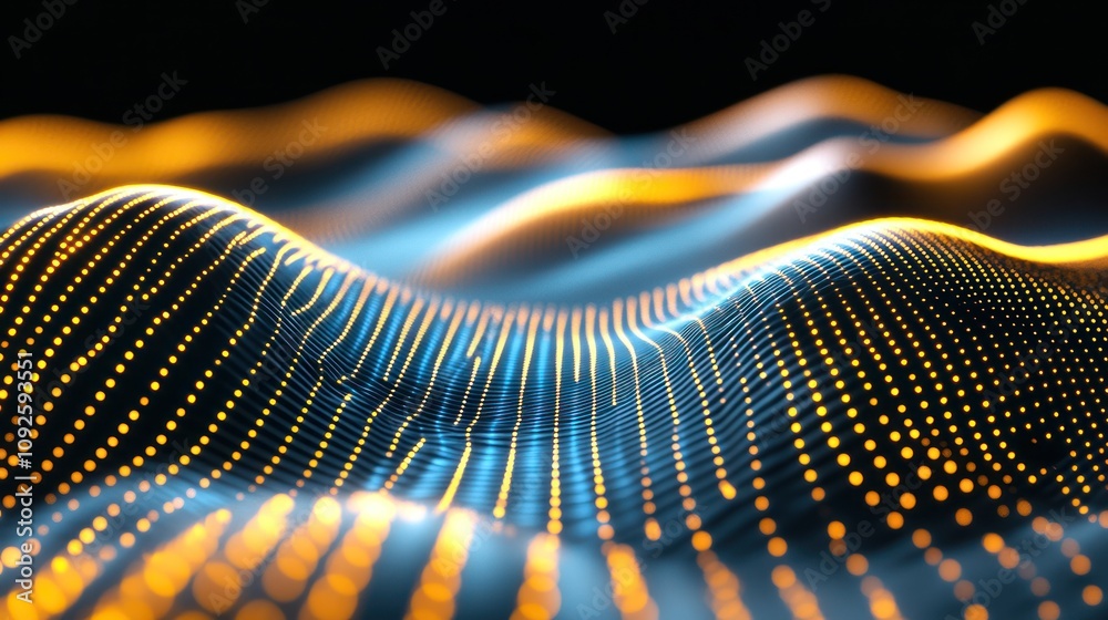 Fototapete Abstract representation of waves with glowing dots and lines, suggesting data visualization.