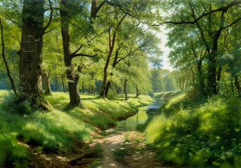 Obraz premium Paintings rural landscape, spring landscape with trees and sky, road in the countryside, landscape with river, fine art