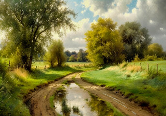 Paintings rural landscape, spring landscape with trees and sky, road in the countryside, landscape with river, fine art