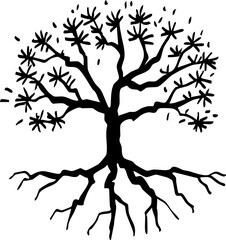silhouette side view of tree with root illustration.