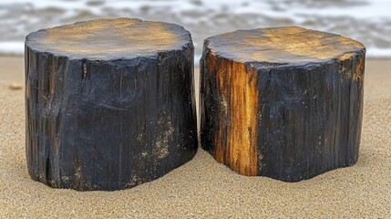 Naklejka premium Two wooden stumps on a sandy beach.