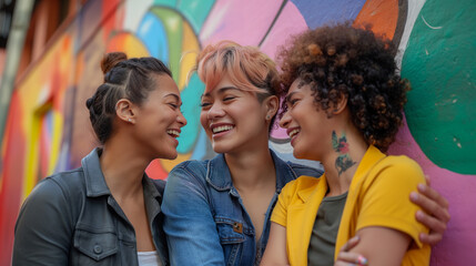 Fototapeta premium Three joyful women in a colorful, affectionate gathering.