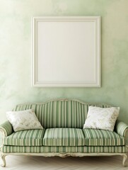 Elegant Green Striped Sofa With White Framed Artwork