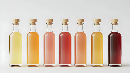 3D Render of Six Glass Bottles Filled with Colorful Liquids, Arranged in a Row Against a White Background.
