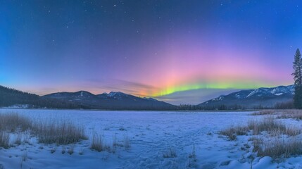 Fototapeta premium A frozen meadow stretches beneath a vibrant aurora display, with faint mountains silhouetted on the horizon. Soft light of early morning contrasts the brilliance of the cosmic dance.