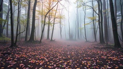 Obraz premium Pastel rainbow hues scattered across a misty forest floor, misty atmosphere, forest path