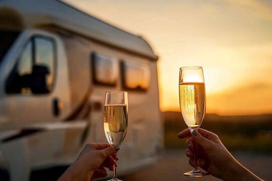 Enjoying sparkling drinks at sunset