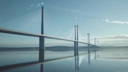 Fototapeta premium A modern cable-stayed bridge reflected in calm water under a clear sky.