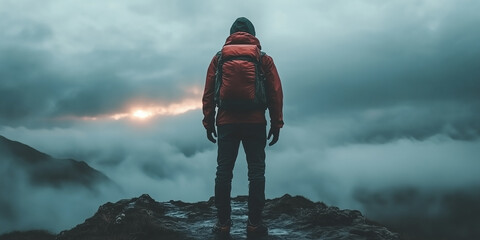 Solo Adventurer on Mountain Peak Facing Dramatic Cloudy Sunset