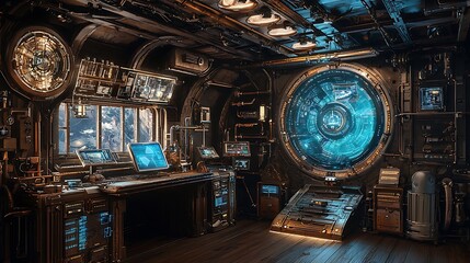 Futuristic Space Station Interior Sci Fi Control Room Workstation Technology