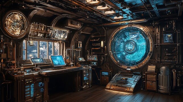 Futuristic Space Station Interior Sci Fi Control Room Workstation Technology