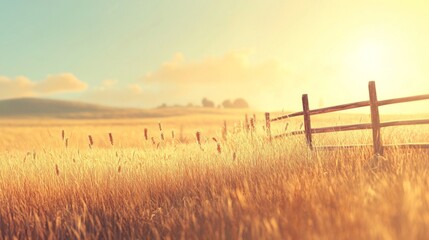 Sunset Over a Golden Field with a Wooden Fence