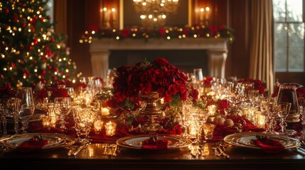 Warmly lit holiday table with fireplace and christmas tree