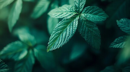 Close-up View of Lush Green Leaves in a Dark Forest Setting