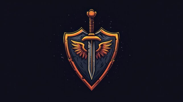A silver sword with a golden hilt piercing through a dark shield with golden winged accents on a black background.