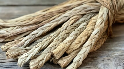 Fototapeta premium Braided Natural Fiber Close-Up on Wooden Surface