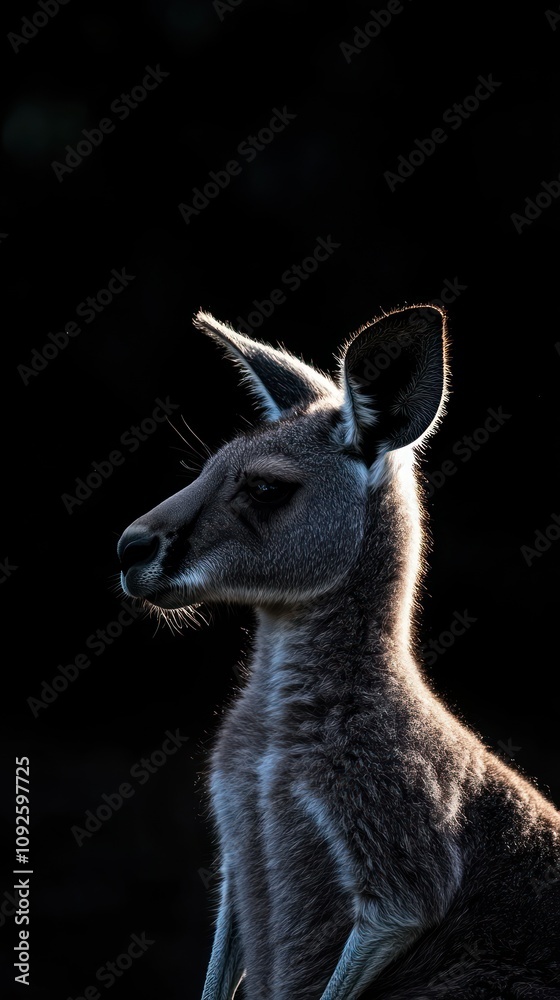 Poster a close-up profile of a kangaroo against a dark background, highlighting its features.