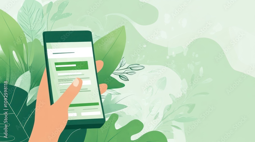 Poster a hand holding a smartphone displaying a form against a leafy green background.