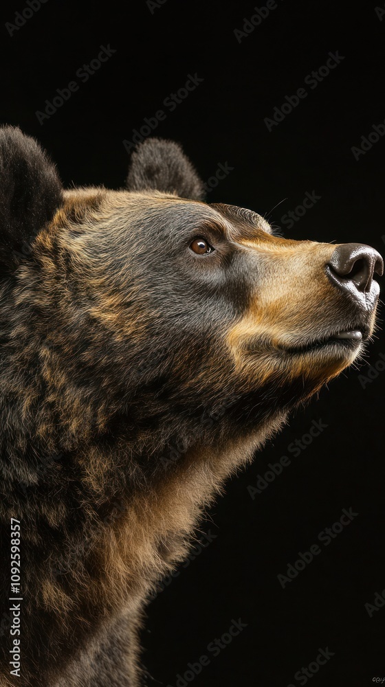 Poster a close-up of a bear's face against a dark background, showcasing its features and expression.