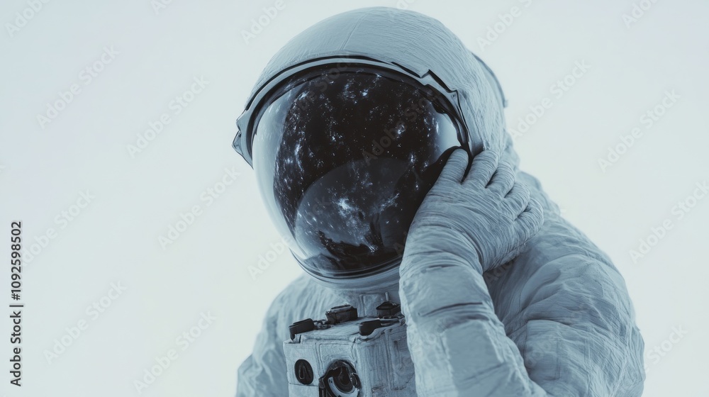 Poster an astronaut in a space suit, gazing thoughtfully while surrounded by a cosmic backdrop.