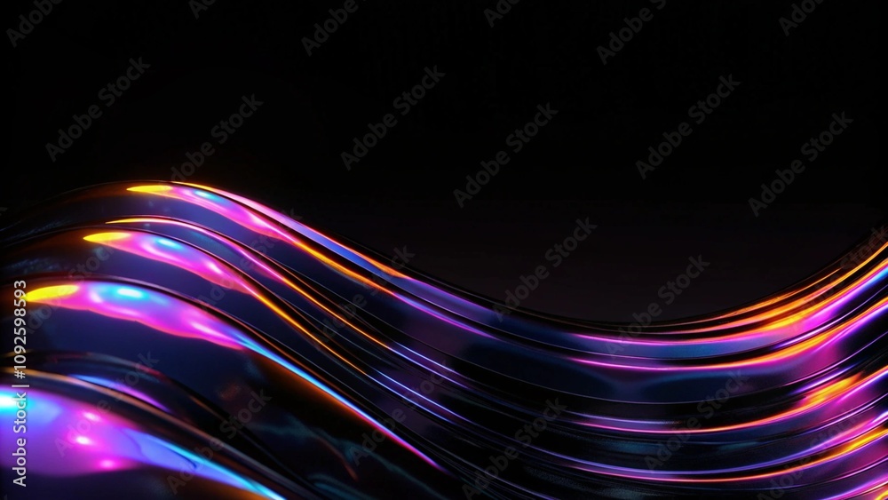 Poster Abstract dark holographic iridescent neon background fluid liquid glass curved wave in motion 3d render background. Modern glowing neon wave line pattern on a dark abstract background