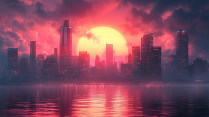 Fototapeta premium Vibrant sunset over a city skyline with reflections on water. Generative AI