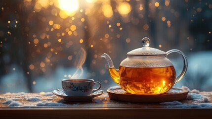 Teapot and cup by snowy window with warm light and bokeh effects