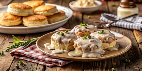 Indulgent Biscuits and Gravy: A Hearty Southern Breakfast Delight with Flaky Biscuits and Rich Sausage Gravy Captured in Natural Lighting and Rustic Setting