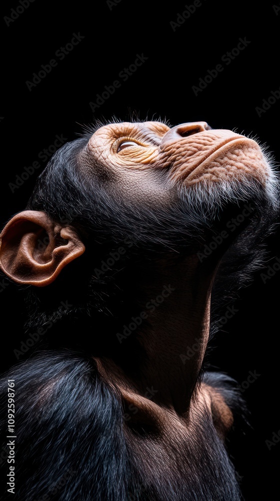 Poster a close-up of a monkey's face, gazing upward with a thoughtful expression.