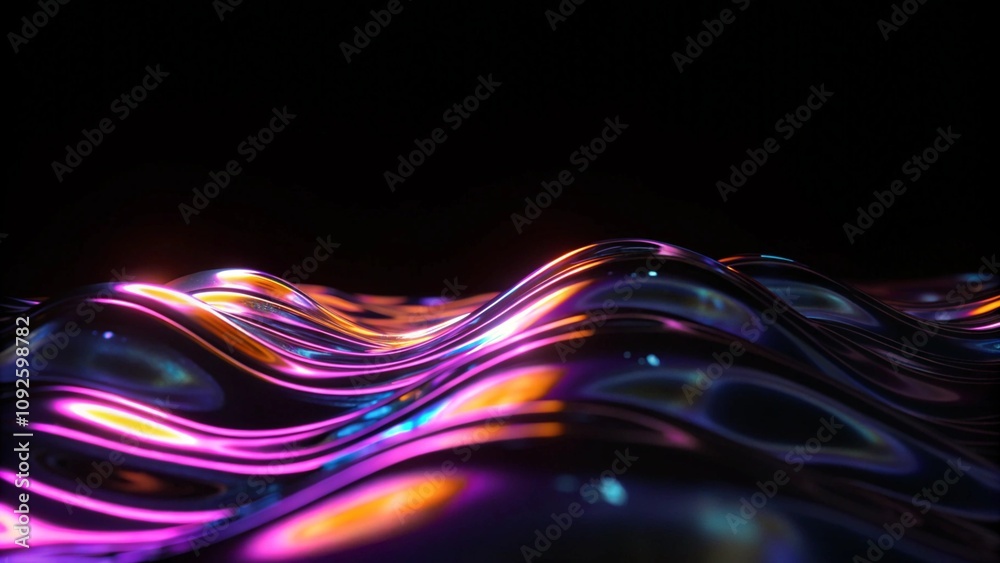 Poster Abstract dark holographic iridescent neon background fluid liquid glass curved wave in motion 3d render background. Modern glowing neon wave line pattern on a dark abstract background