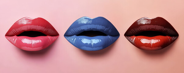 Obraz premium Three Glossy Lips in Red, Blue, and Brown Shades