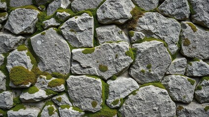 Fototapeta premium Rough stone wall covered in moss and lichen, outdoor decor, green walls, nature