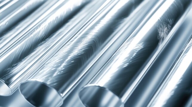 Close-up of shiny metal pipes arranged in a parallel fashion, showcasing their smooth surfaces.