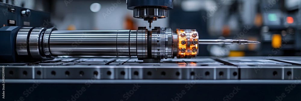 Poster Close-up view of a precision metal drill bit in an advanced industrial factory setting,showcasing modern manufacturing technology and engineering processes.