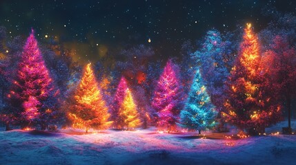 Fototapeta premium Christmas Time Abstract Painting with Colorful Lights and Pine Trees