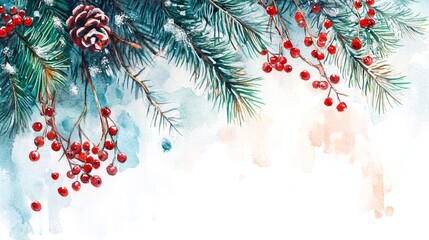 Watercolor Pine Branch with Red Berries and Pinecones on White Background