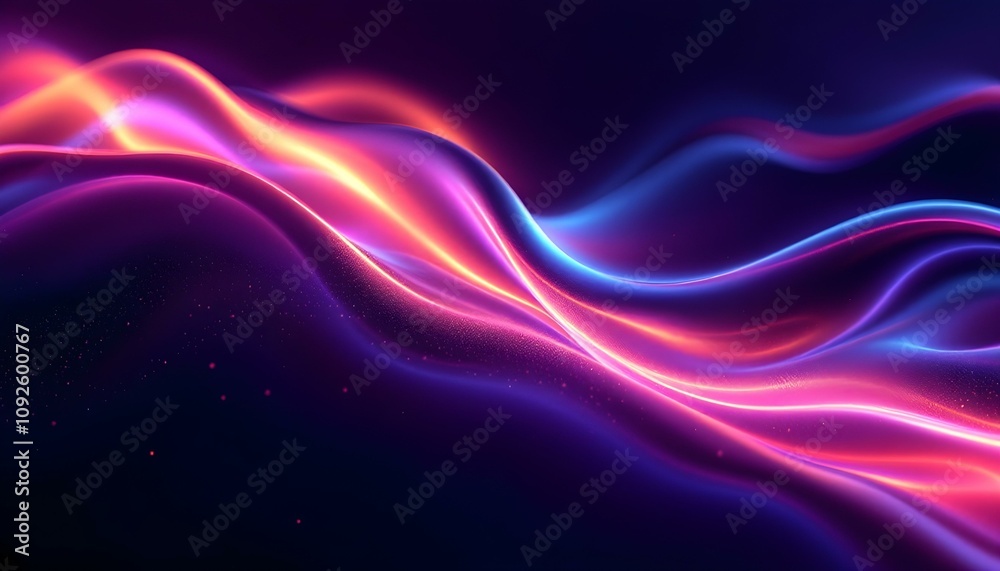 Poster Abstract dark holographic iridescent neon background fluid liquid glass curved wave in motion 3d render. 3D render of an abstract futuristic background with a holographic glass texture and colorful