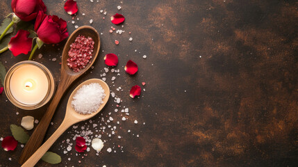  Sea salt in Wooden spoon with candle and flowers for spa treatment on dark background