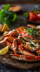 Freshly cooked crab with herbs and lemon on a rustic wooden table.