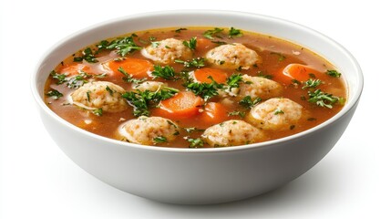 Fototapeta premium Delicious Matzah Ball Soup in a White Bowl