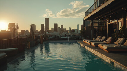 Fototapeta premium Urban luxury hotel with rooftop pool and lounge - Sunlit rooftop space, stylish pool with city skyline views