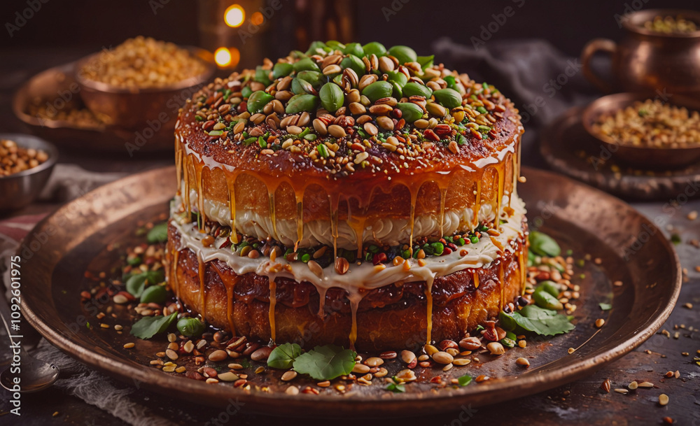 Poster Cake with nuts and seeds on top of it. The cake is on a plate. There are bowls and cups on the table