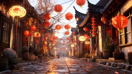 Obraz premium Chinese New Year Celebration with Traditional Red Lanterns and Festive Lights on Busy Street for Vibrant Cultural Scene