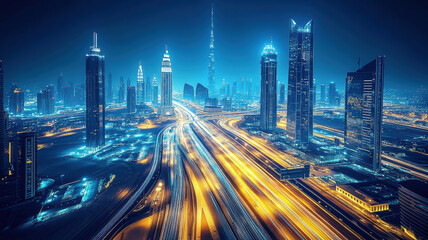 Obraz premium Nighttime view of skyscrapers and traffic