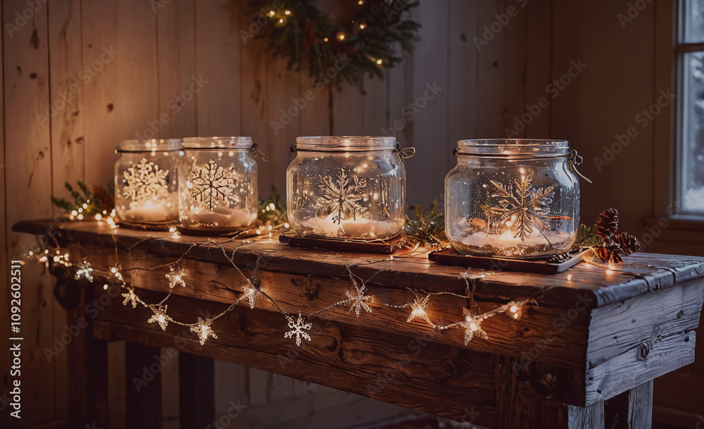 Aufkleber three glass jars with snowflakes on them are on a wooden table. the table is lit up with lights