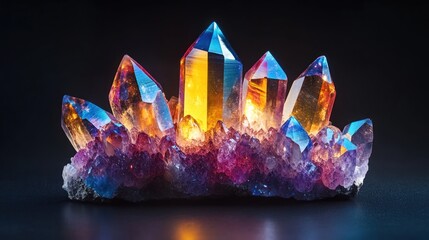 Vibrant crystal cluster with colorful facets.