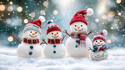 Fototapeta premium Adorable and Happy Snowman Family Dressed in Santa Hats on Snowy Ground for Festive Winter Holiday Scene